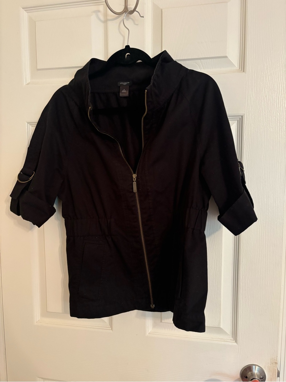 Ann Taylor Black Zip-Front Utility Top with Tab Sleeves